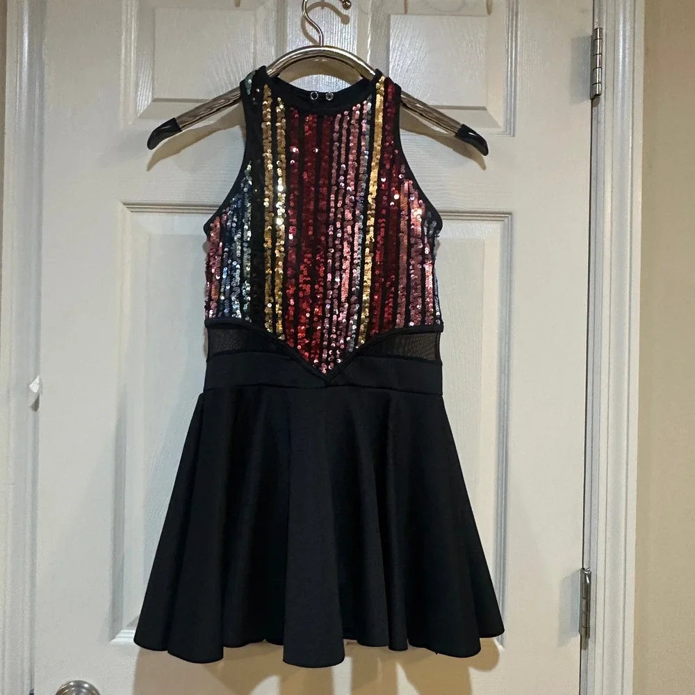 Kids Multi Color Sequin Dance Costume Dress‎ Black Skater Skirt Mesh Panel